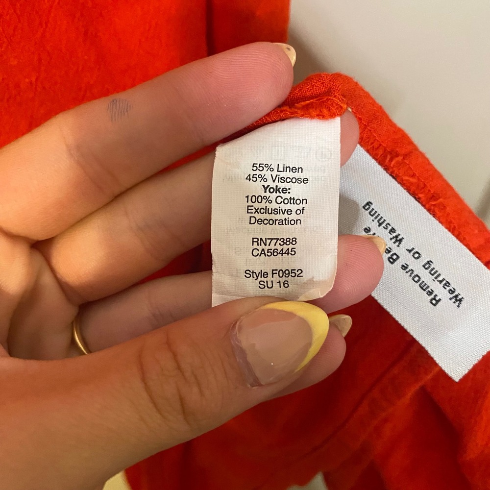 Madewell Eyelet Yoke Tassel Cuff Linen Blend Mini Dress Orange Red F0952 XXS - Picture 4 of 8